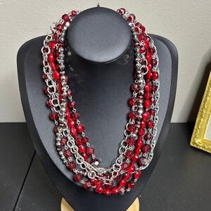 White House Black Market Multi Strand Necklace Red Beaded Silvertone